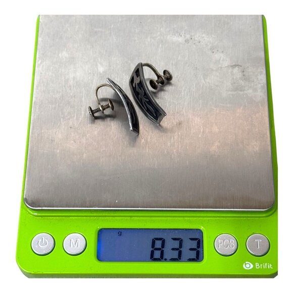 Vintage Alpaca Silver Screw Back Earrings Tribal Black Inlay Design For Women - Picture 7 of 8